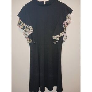 Nina Leonard Large Womens‎ Black Mini Dress  W/ Floral Flutter Crop Sleeves